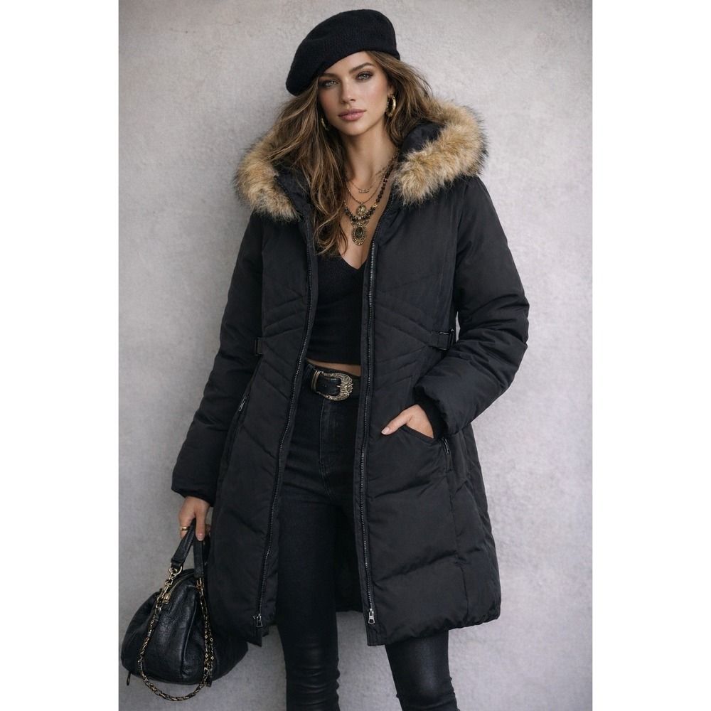 Centigrade Goose Down Jacket Womens S Black Faux Fur Longline Y2K Parka Coat‎